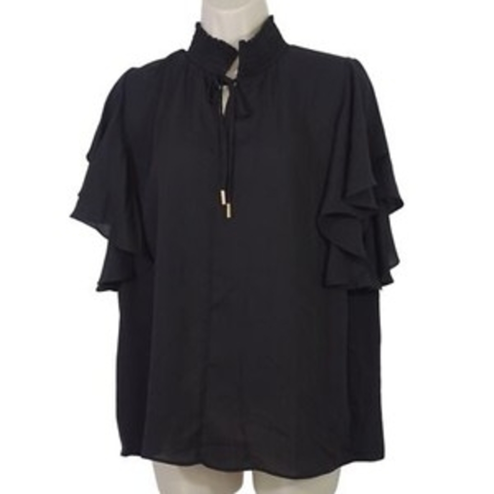 Tahari Black Mock Neck Ruffle Sleeve Blouse